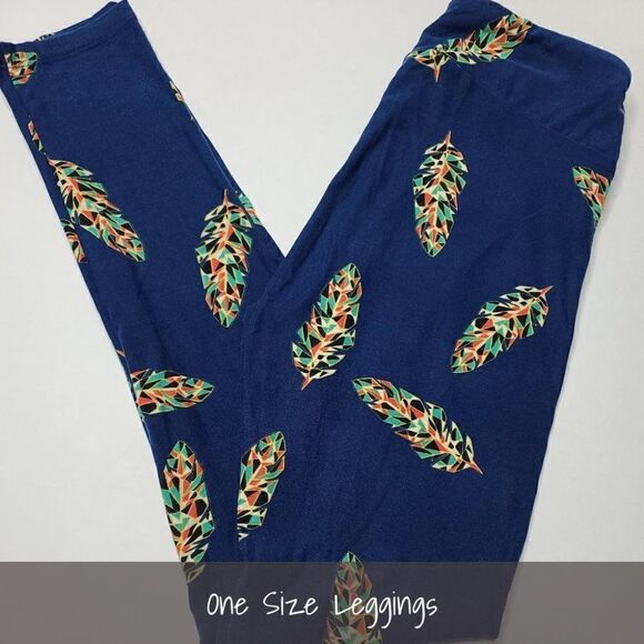 LuLaRoe OS Leggings Mosaic Feathers Blue NEW - Picture 1 of 1